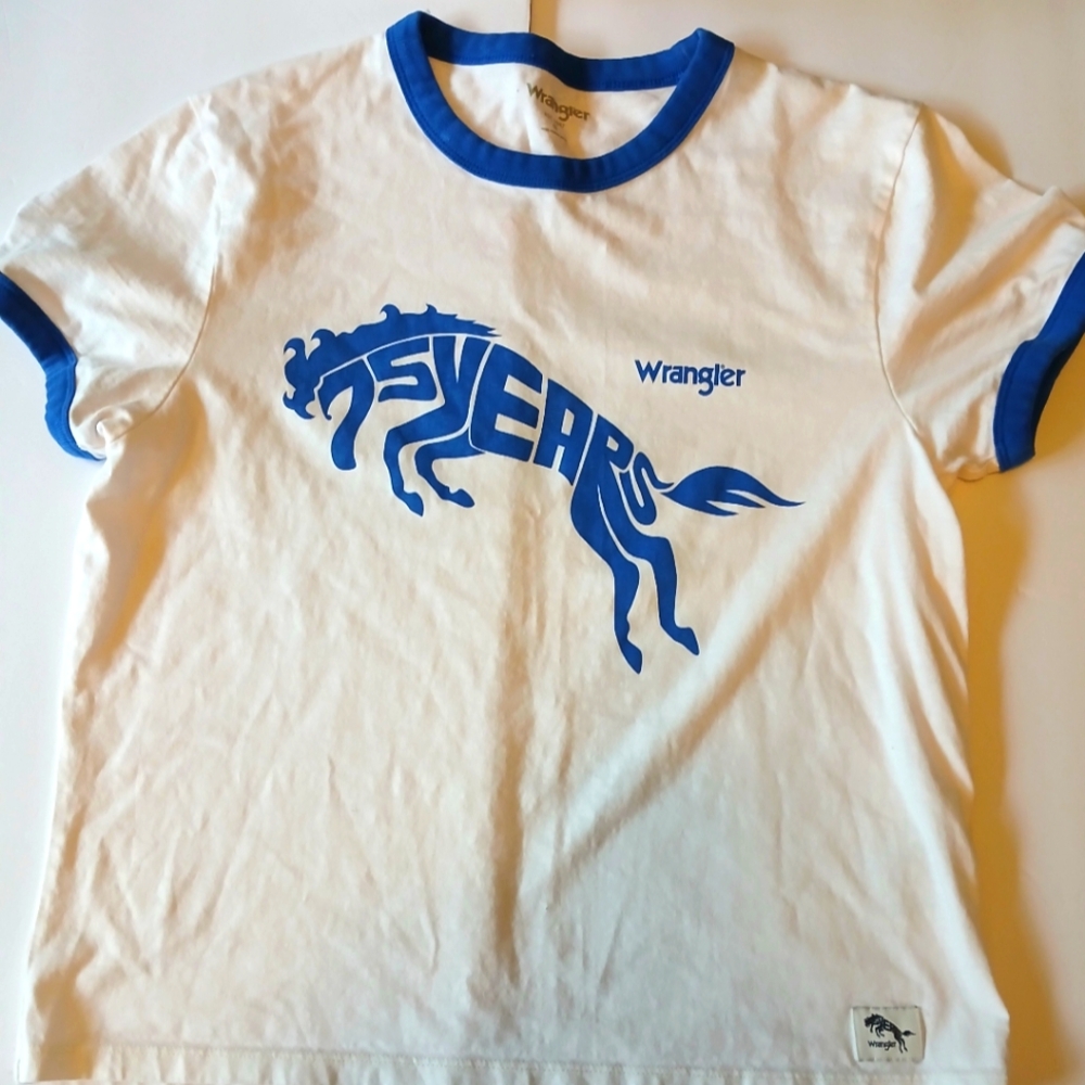 Women's WRANGLER 75TH RETRO RINGER TEE | Size M | Blue/ White